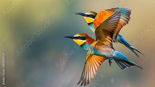 Pair of European bee-eater fly together