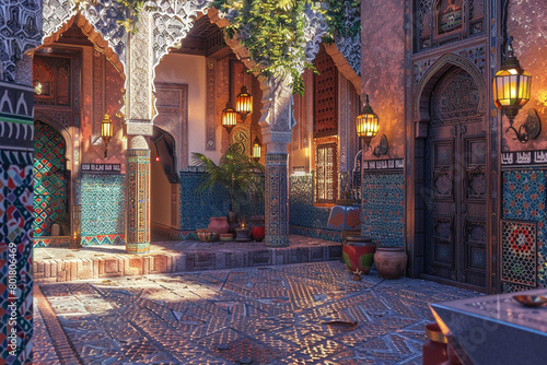 A 3D render of a Moroccan craftsman house in the heart of Marrakesh, with intricate tile work, vibrant courtyards, and ornate lanterns casting warm lights on textured walls.