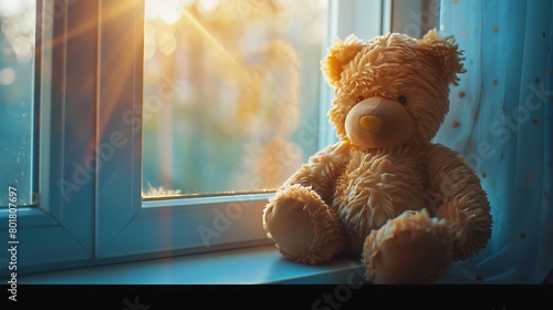 A plush teddy bear sitting on a sunlit windowsill