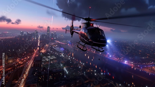 helicopter is in flight above a vibrant cityscape during night time, with lights from buildings, streets, and bridges