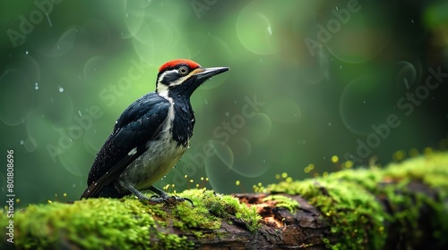 The brilliantly colored feathers acorn woodpecker is a lovely bird in the environment as a whole, suspended over a verdant mossy branch fuzzy and space, Generative AI.