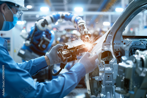A worker monitors a robotic arm welding components on a car assembly line, showcasing the blend of human oversight and automation in manufacturing.