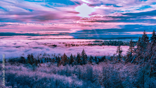 Pastel sunrise over low-lying clouds in valley.