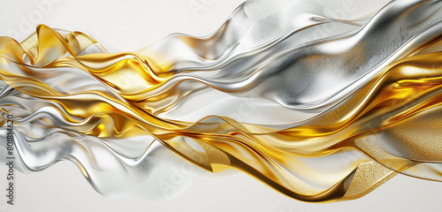An air of sophistication and luxury permeates abstract waves of molten gold and glistening silver that flow and entwine on a surface of pristine white