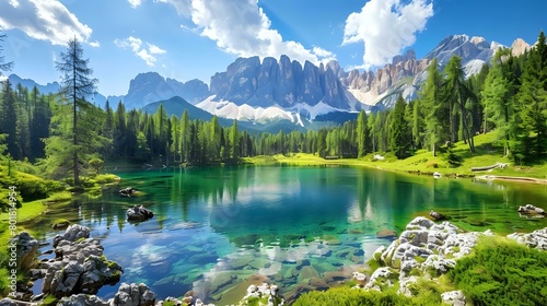 a cabinet lake in the Dolomites, green pine trees around the water with a clear blue sky and white clouds, high mountains behind it