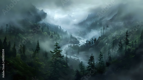 A dark and misty mountain valley with trees, a river flowing through the middle of it.