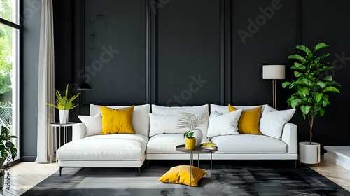 A modern living room with black wall, white sofa and yellow pillows