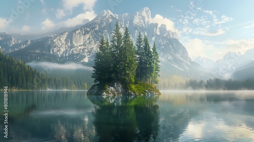 An idyllic scene of an isolated island in the middle of a lake, surrounded by pine trees and mountains, bathed in soft light