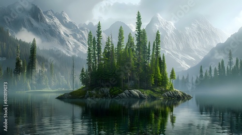 An idyllic scene of an isolated island in the middle of a lake, surrounded by pine trees and mountains, bathed in soft light