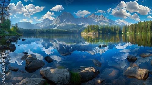 Beautiful lake in the Tatra Mountains with rocks and mountains