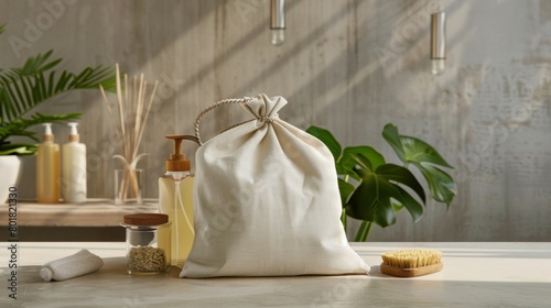 A reusable drawstring bag made from recycled cotton filled with natural cleaning supplies and labeled Ecoconscious cleaning from the packaging to the product..