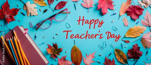 Teacher's Day card of thanks with freshly fallen foliages during autumn and other school emblems encompassing over a light blue setting and space, Generative AI.