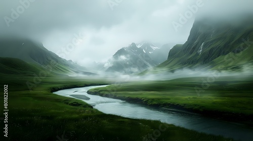 mountain range, with a river running through it. Grassy plains on both sides, with a foggy and cloudy sky