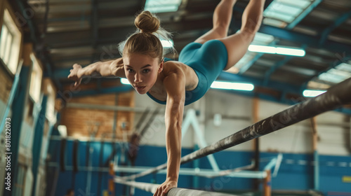 Girl athlete doing a complicated gymnastics trick inside a professional gym , young caucasian sportswoman preparing for competition