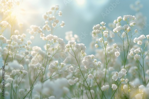 White baby's breath flowers in grass with sunlight