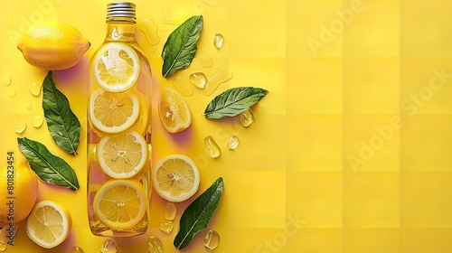 Lovely summer beverage for losing fat in a glass container with a striking yellow setting that consists a lemon water liquid detox and space, Generative AI.