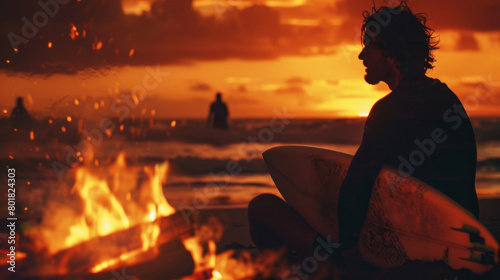 Beach bonfire on summer evening made by surfers relaxing after a day of surfing with friends , it is the moment for them to gathered around and share stories of their surf boards in the water