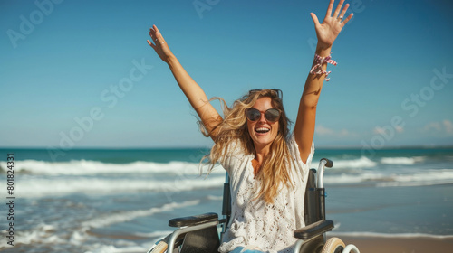 Happy disabled young woman in a wheelchair on the beach , beach accessibility and handicapped people holidays concept image