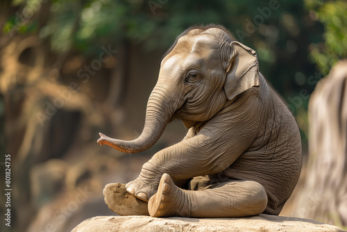 A tranquil illustration of an elephant meditating peacefully with its trunk raised. This image captures the majestic elephant in a serene meditative state, symbolizing wisdom and calmness