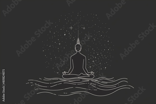 A minimalist line art depicting the silhouette of a meditating figure with a straight line extending upward from the figure to the stars, where it dissipates completely. 