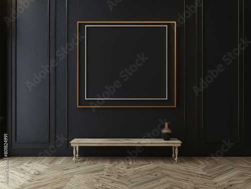modern room, with white empty painting frame in the center on a black wall