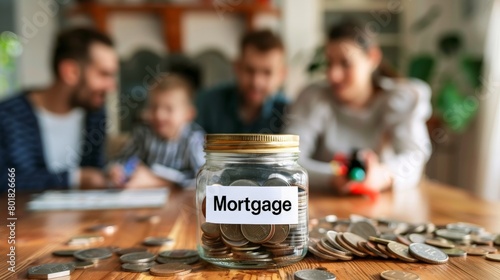 a jar of coins labeled "Mortgage" with a family in the background