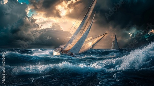A sailboat is in the middle of a stormy sea