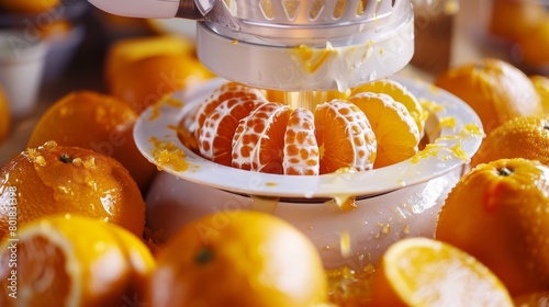 A handpressed juicer is hard at work turning fresh oranges into a deliciously sweet juice.