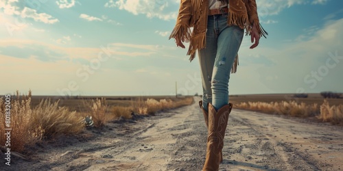 Country Road Adventure: Woman in Cowboy Boots Walking