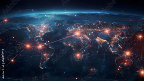 Illuminated digital world map showing active trade routes and commerce hotspots . Concept Trade Routes, Commerce, Digital Map, Hotspots, Global Economy