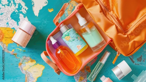 Travel Essentials: Toiletries Bag on World Map Background