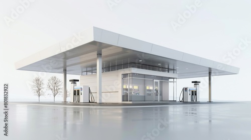 Detailed 3D rendering of a modern gas station