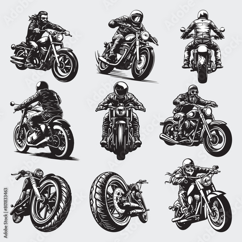 A man in a leather jacket is riding a motorcycle in the style of a vector black and white