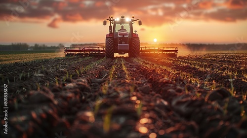 Autonomous tractor plowing fields, dusk lighting, wide angle, next-gen farming 