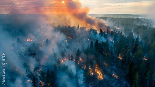 Aerial view of forest fire due to global warming and climate change . Concept Aerial View, Forest Fire, Global Warming, Climate Change