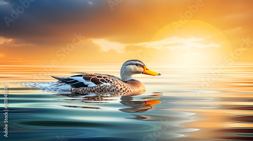 A duck with ducklings in water Swimming WebbedFeet Aquatic background 