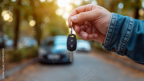 Close-up of hand holding car keys with remote control, symbolizing new ownership and freedom, Concept of autonomy, personal transport, and convenience