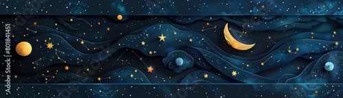 Detailed paper cut representation of a starry night sky with constellations and a crescent moon