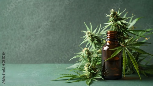 Small brown bottle with cannabis plant on green backdrop with shadows. Concept Product Photography, Cannabis Industry, Plant Aesthetic, Nature-themed Props