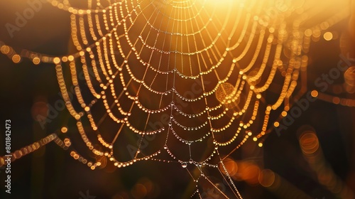 A close up of a spider web with morning dew glistening in the sunlight