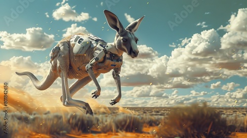 A robotic kangaroo jumps through the desert.