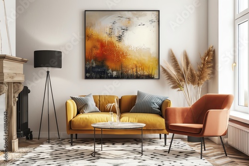boho style abstract art print 5K AR 23 on a stand alone wall art fall color with soft colours mostly but with some strokes of black.