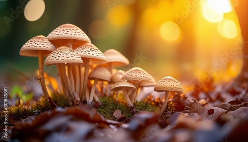 Close up beautiful bunch mushrooms color light in the tree background texture. Macro Photography View