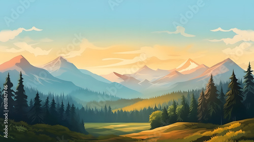 Sun kissed Peaks, Realistic Mountain Panorama, Realistic Mountains Landscape. Vector Background