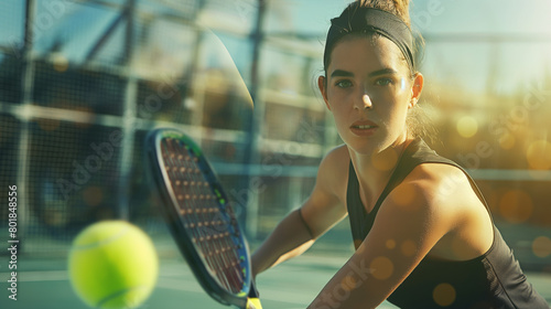 A young woman holding paddle racket is looking at moving tennis or pickle ball, ready to hit. Sport athlete girl, playing tennis match, fitness and lifestyle.