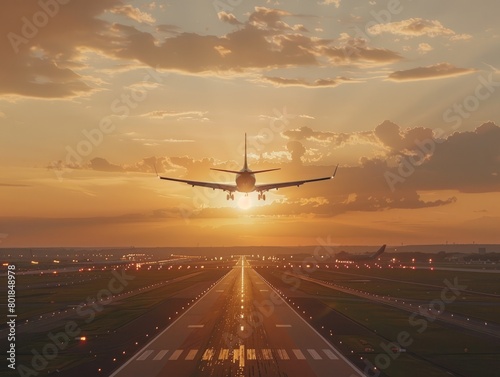 passenger plane fly up over take-off runway from airport at sunset 