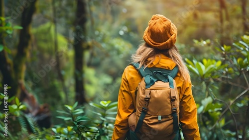 Woman explores forests with ecofriendly guides supporting sustainable tourism and conservation efforts . Concept Eco-tourism, Sustainable Travel, Forest Exploration, Conservation Efforts
