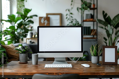 Photo of computer laptop and computer monitor with white blank screen putting on wooden working desk that surrounded by graphic designer equipment over white living room wall as background