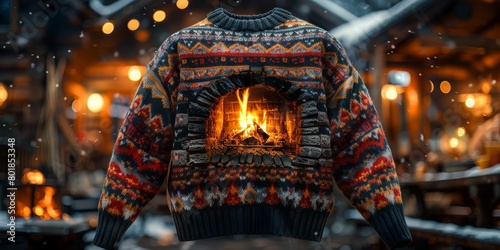 Cozy cabin sweater with a cheerful crackling fireplace emanating warmth on the front 