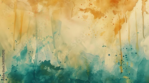 Abstract watercolor background with bold, sweeping strokes of amber and teal, overlaid with spontaneous splatters and drips